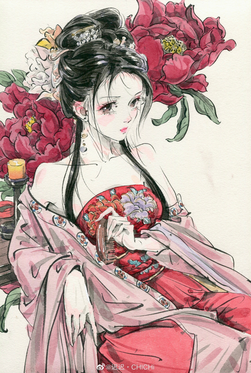 1girl absurdres bare_shoulders blush candle chichi_chichi closed_mouth comb earrings flower hair_bun hair_ornament hair_strand highres holding holding_comb jacket jewelry leaning original painting_(medium) pink_jacket solo table traditional_media upper_body