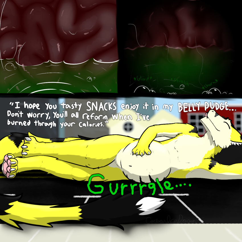 anthro black_stripes bodily_fluids carbonicedragon city dialogue digestion digestion_noises english_text first_person_view hi_res internal lying macro male on_side organs relaxing road sergal stomach stomach_acid stripes text vore yellow_body