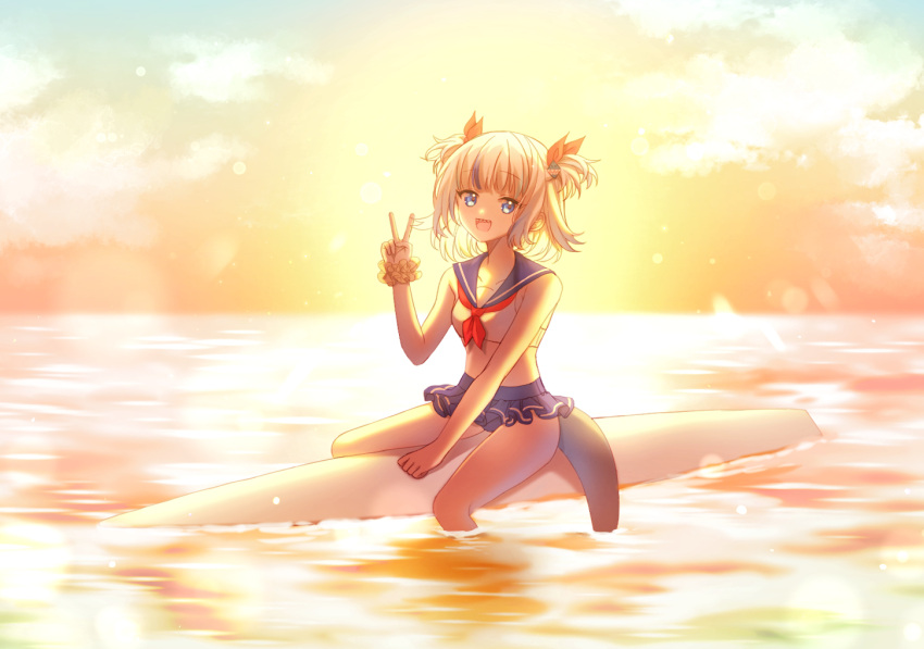 1girl :d backlighting bare_shoulders bikini blue_bikini blue_eyes blue_hair blue_sailor_collar breasts commentary gawr_gura hair_ornament hair_ribbon hand_up hololive hololive_english horizon looking_at_viewer mamel_27 mismatched_bikini multicolored_hair neckerchief ocean red_neckerchief red_ribbon ribbon sailor_bikini sailor_collar scrunchie sharp_teeth small_breasts smile solo straddling streaked_hair sunset swimsuit teeth two_side_up v virtual_youtuber water white_bikini white_hair wrist_scrunchie yellow_scrunchie
