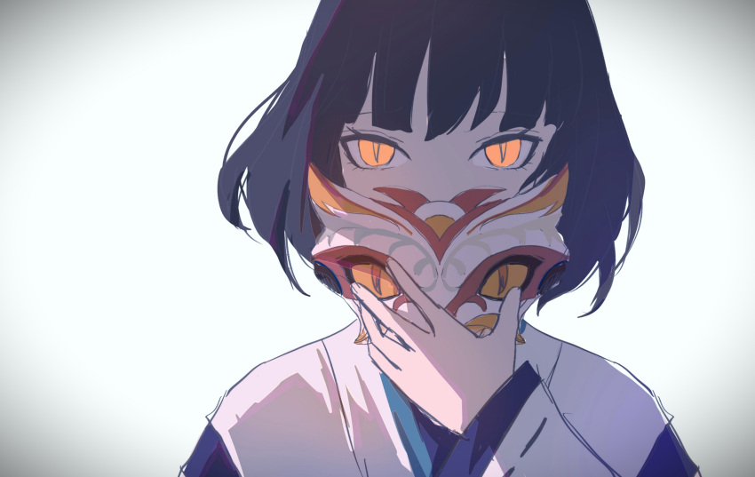 1girl bbqqq black_hair covering_own_mouth genshin_impact hand_up highres holding holding_mask japanese_clothes kimono looking_at_viewer mask short_hair simple_background slit_pupils snake_mask solo tsumi_(genshin_impact) upper_body white_kimono wide_sleeves