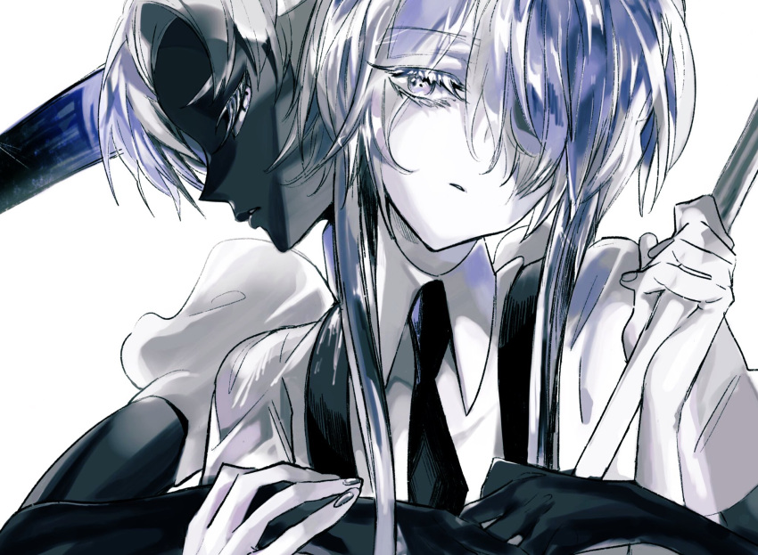 2others androgynous behind_another black_skin cairngorm_(houseki_no_kuni) collared_shirt colored_eyelashes colored_skin eyelashes frown ghost_quartz_(houseki_no_kuni) grey_eyes grey_hair hair_over_one_eye hand_on_another's_arm head_tilt highres holding houseki_no_kuni hug hug_from_behind looking_at_viewer multiple_others necktie o_lo3253 other_focus parted_hair parted_lips puffy_sleeves shirt short_hair short_hair_with_long_locks suspenders white_shirt white_skin