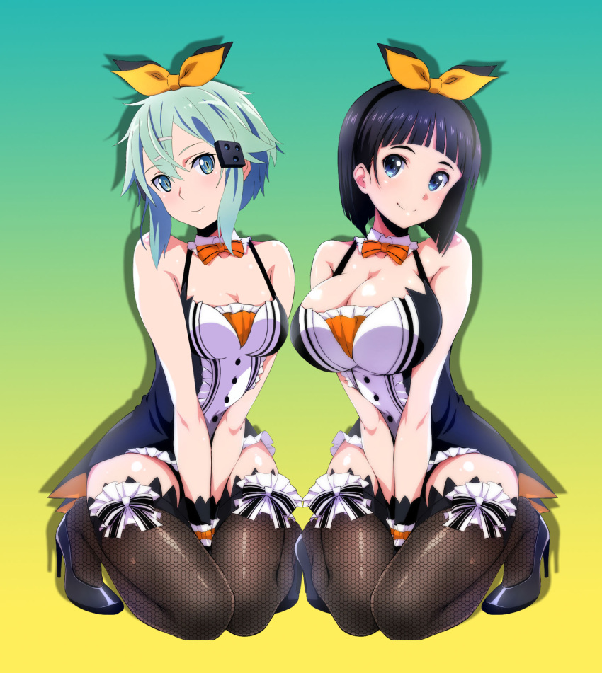 2girls aqua_eyes aqua_hair bare_shoulders between_legs black_hair blue_eyes blush bow bowtie breasts cleavage eyefly18 fishnets full_body hair_ribbon hand_between_legs high_heels highres kirigaya_suguha kneeling large_breasts looking_at_viewer medium_breasts multiple_girls orange_ribbon ribbon short_hair sinon smile sword_art_online thighhighs