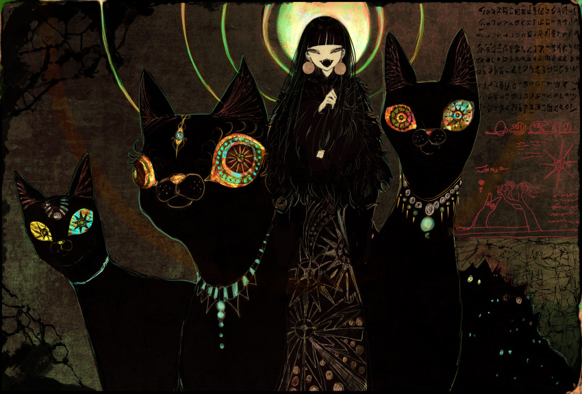 1girl :d bangs black_cat black_dress black_hair blunt_bangs cat dress earrings egyptian_art half-closed_eyes highres jewelry long_hair long_sleeves looking_at_viewer narue original sharp_teeth smile solo standing teeth