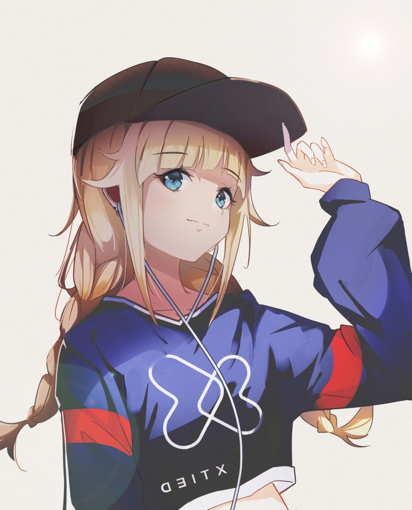 1girl absurdres baseball_cap blonde_hair blue_eyes braid hat headphones highres looking_at_viewer paripi_koumei portrait solo spica-sh tsukimi_eiko twin_braids upper_body