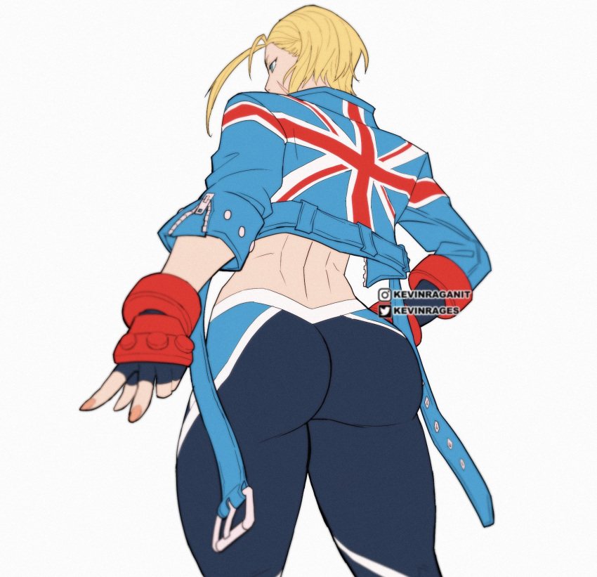 1girl alternate_hairstyle ass blonde_hair blue_eyes blue_jacket cropped_jacket fingerless_gloves flag_print gloves highres jacket kevin_raganit leather leather_jacket looking_at_viewer muscular muscular_female narrow_waist pants short_hair single_vambrace solo street_fighter street_fighter_6 thick_thighs thighs tight tight_pants twitter_username vambraces white_background