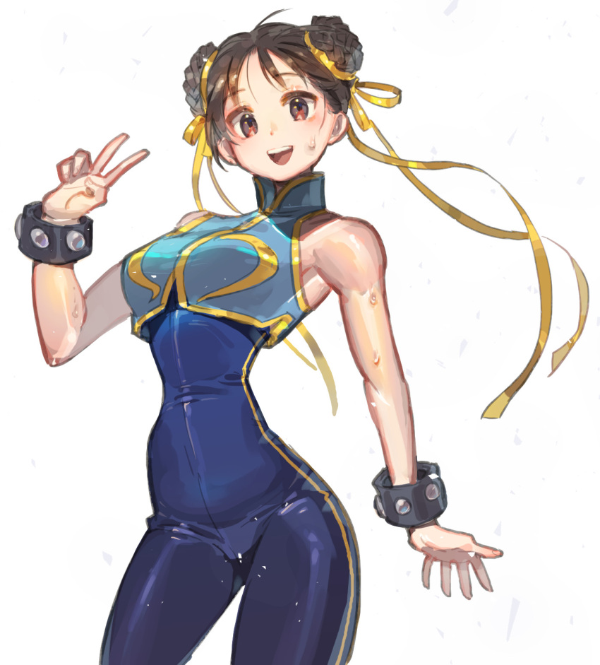 1girl armpits bangs bare_shoulders blue_unitard bow bracelet breasts brown_eyes brown_hair chun-li commentary_request crop_top double_bun eyeshadow gold_trim hair_bow hair_ornament hand_up highres jewelry looking_at_viewer makeup medium_breasts sleeveless smile solo spiked_bracelet spikes standing street_fighter street_fighter_zero_(series) sweat sweatdrop tanakalma teeth unitard upper_teeth v wind yellow_bow