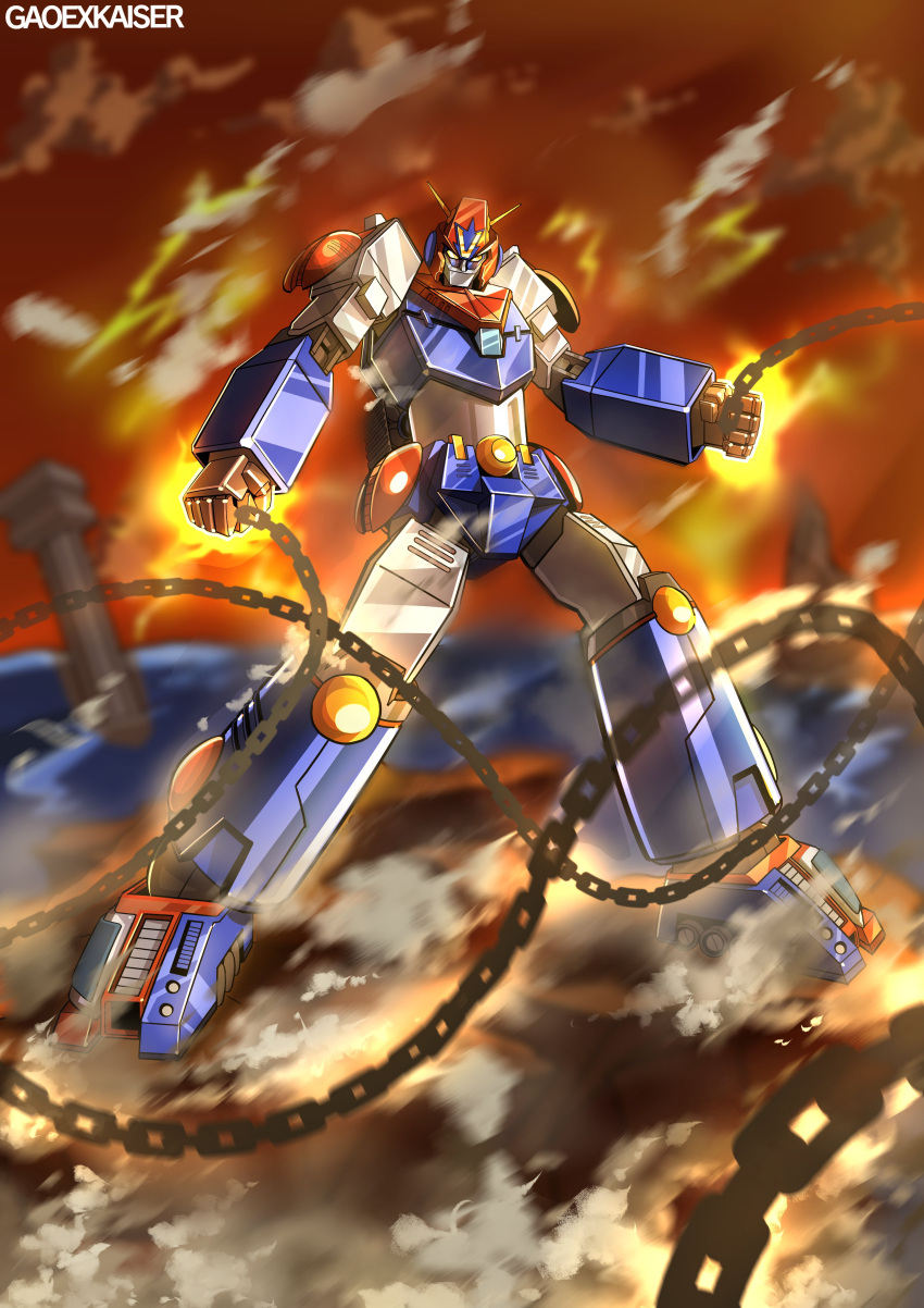 absurdres chain choudenji_robo_combattler_v cloud column combattler_v_(robot) english_commentary gao_ex_kaiser highres looking_down mecha no_humans orange_eyes pillar sky solo super_robot