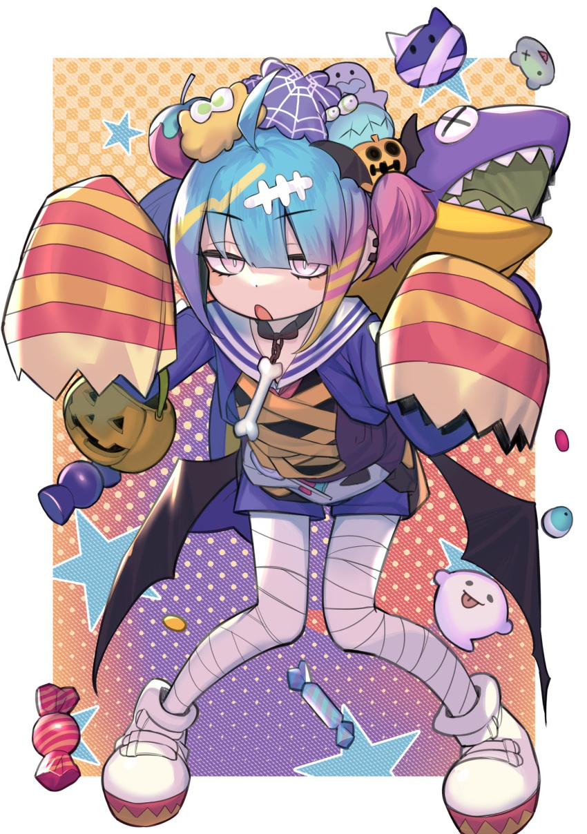 1girl akagi_asahito bandaged_leg bandages bangs bone_necklace candy commentary_request duel_monster food ghost hair_ornament halloween halloween_costume highres jack-o'-lantern jewelry live_twin_lil-la multicolored_hair mummy_costume necklace open_mouth pink_eyes shark stuffed_toy yu-gi-oh!
