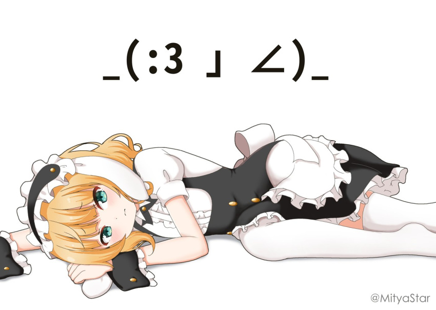 1girl animal_ears apron arms_up black_hairband black_skirt blonde_hair blue_eyes center_frills commentary_request emoticon fake_animal_ears feet_out_of_frame fleur_de_lapin_uniform floppy_ears frilled_apron frilled_hairband frilled_skirt frills gochuumon_wa_usagi_desu_ka? hairband kirima_syaro knee_up lying mitya on_side puffy_short_sleeves puffy_sleeves rabbit_ears shadow shirt short_sleeves skirt solo thighhighs twitter_username uniform waitress white_apron white_background white_legwear white_shirt