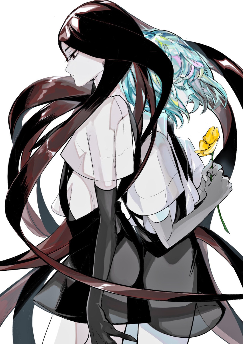 2others androgynous back-to-back black_hair bort closed_eyes collared_shirt colored_eyelashes colored_skin crystal_hair diamond_(houseki_no_kuni) elbow_gloves flower from_side gloves high_collar highres holding holding_flower houseki_no_kuni long_hair multiple_others o_lo3253 opposing_sides other_focus serious shirt short_hair shorts suspender_shorts suspenders very_long_hair white_shirt white_skin