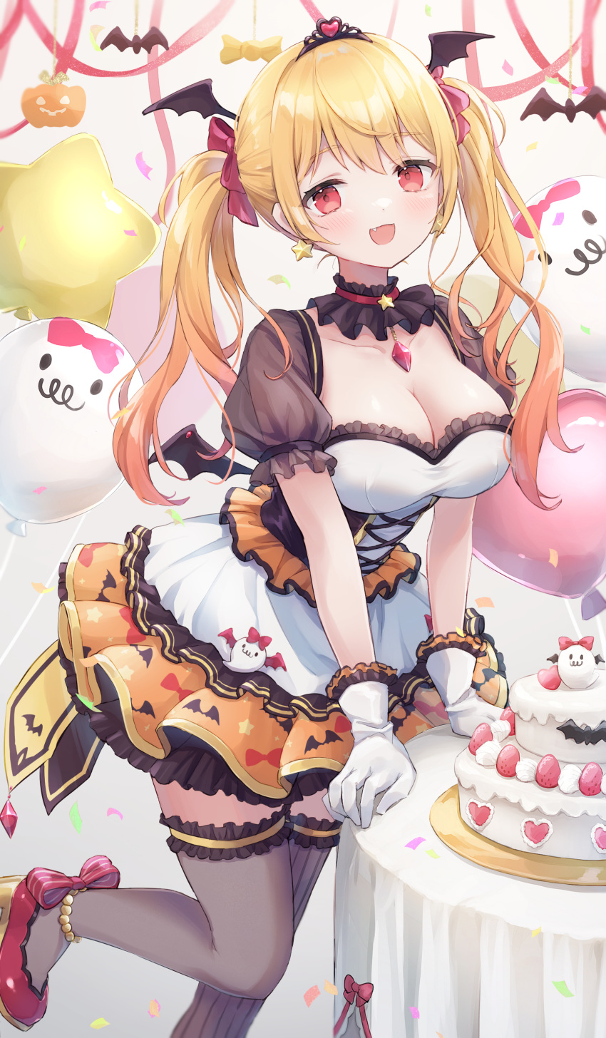 1girl :d absurdres animal_print bat_print birthday_cake black_choker black_legwear blonde_hair breasts cake choker cleavage fang food frilled_legwear frilled_shirt_collar frills head_wings highres hololive layered_skirt long_hair looking_at_viewer medium_breasts puffy_short_sleeves puffy_sleeves red_eyes red_footwear see-through see-through_sleeves shano_hiyori short_sleeves skin_fang skirt smile solo thighhighs tiara twintails underbust virtual_youtuber white_skirt yellow_skirt yozora_mel