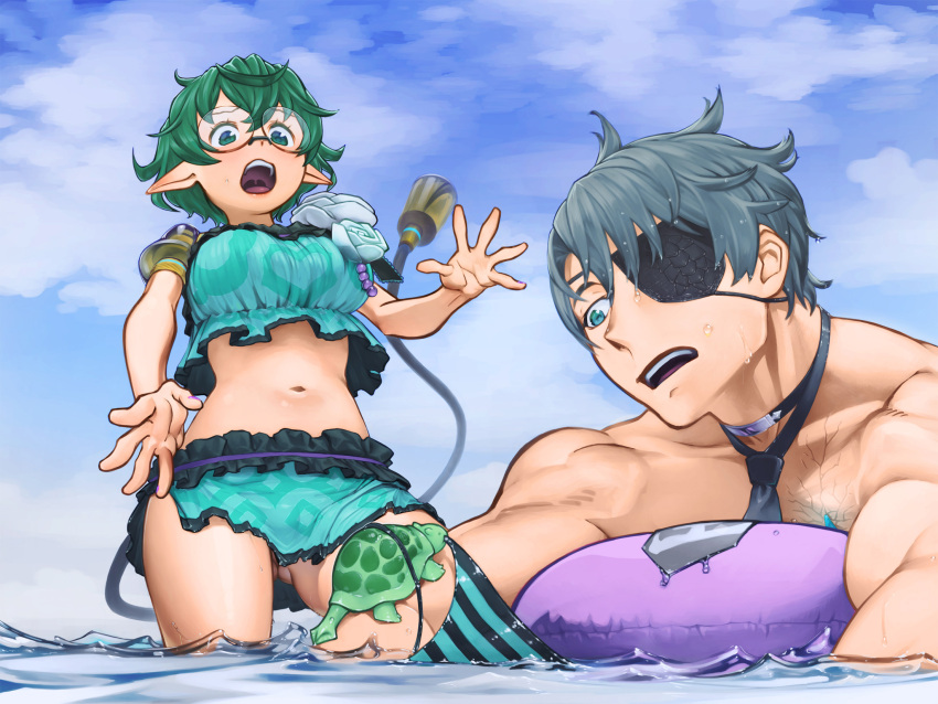 1boy 1girl armor ass_visible_through_thighs assisted_exposure bangs bikini blush choker collarbone couple day embarrassed eyepatch food frilled_bikini frills glasses green_hair grey_hair hand_up highres natto_soup necktie no_panties open_mouth outdoors pandoria_(xenoblade) pointy_ears round_eyewear short_hair shoulder_armor standing swimsuit tail teeth turtle wardrobe_malfunction water xenoblade_chronicles_(series) xenoblade_chronicles_2 zeke_von_genbu_(xenoblade)