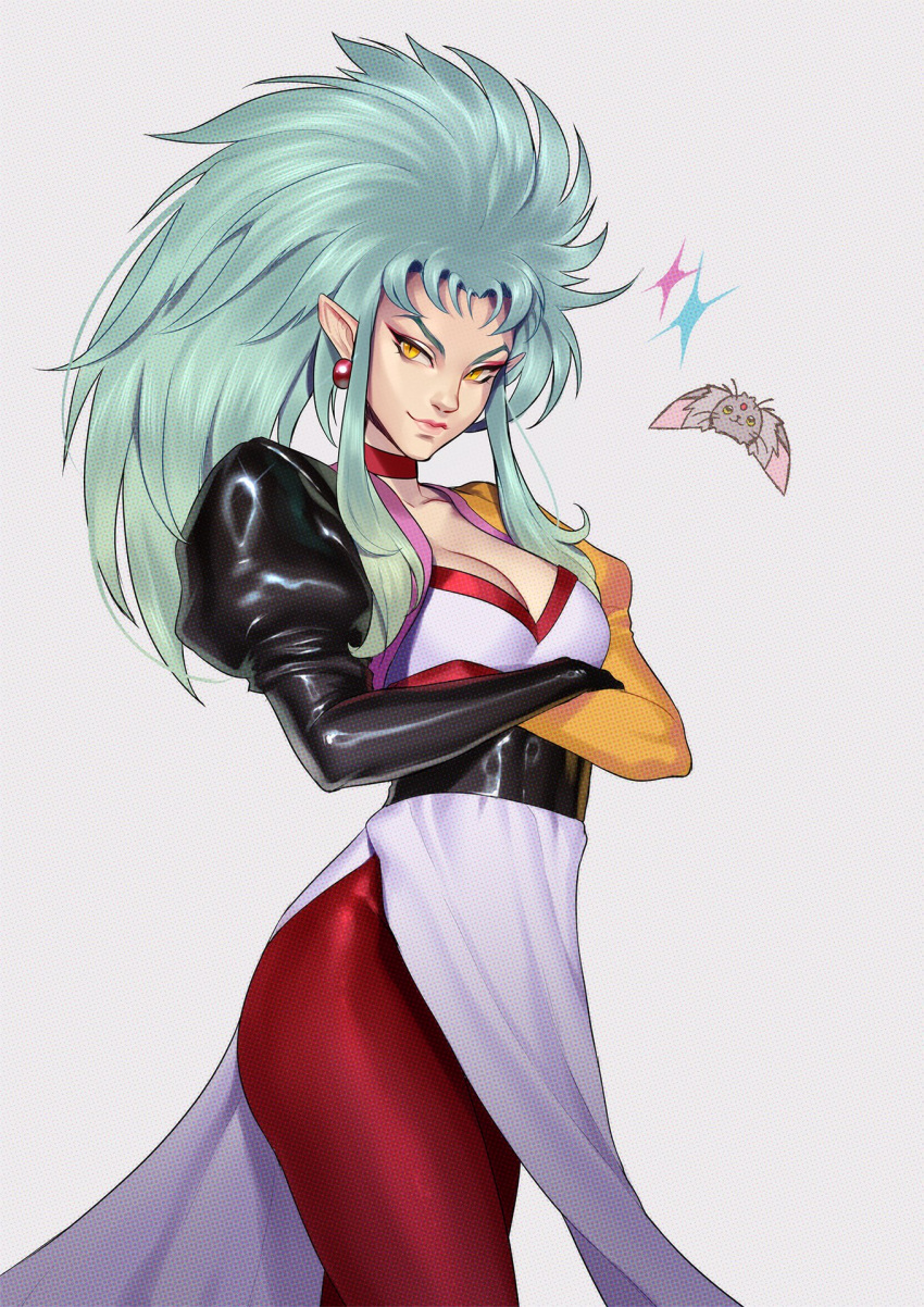 1girl big_hair blue_hair breasts choker cleavage cowboy_shot crossed_arms dots dotted_background dress earrings eyeliner highres jewelry light_smile lips long_hair long_sleeves makeup medium_breasts multicolored_hair nose oskar_vega pointy_ears puffy_sleeves ryou-ouki ryouko_(tenchi_muyou!) shiny shiny_clothes side_slit sidelocks spiked_hair tenchi_muyou! yellow_eyes