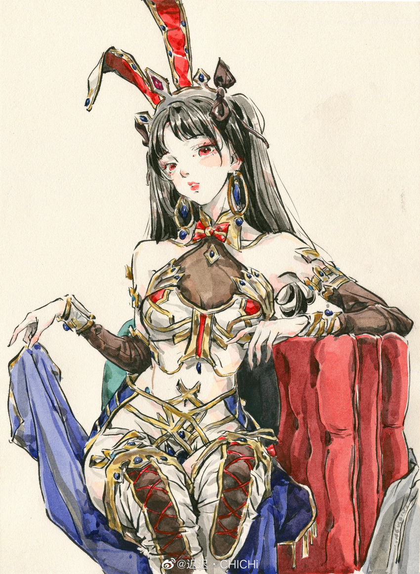 1girl absurdres animal_ears armor black_hair chichi_chichi collar earrings hair_ornament highres holding_cloth jewelry long_hair looking_at_viewer mattress open_mouth original painting_(medium) rabbit_ears red_eyes ribbon sitting solo traditional_media twintails upper_body