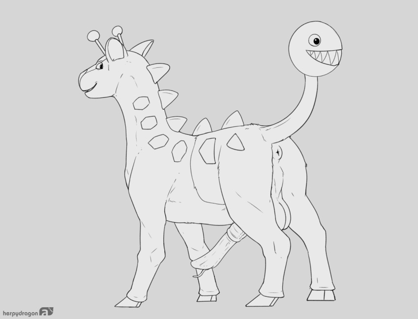 anatomically_correct anatomically_correct_genitalia anatomically_correct_penis animal_genitalia animal_penis anus balls big_balls big_penis butt erection feral genitals girafarig giraffe_penis herpydragon hooves living_tail male mammal nintendo penis pok&eacute;mon pok&eacute;mon_(species) puffy_anus raised_tail rear_view solo spikes unusual_anatomy unusual_tail video_games