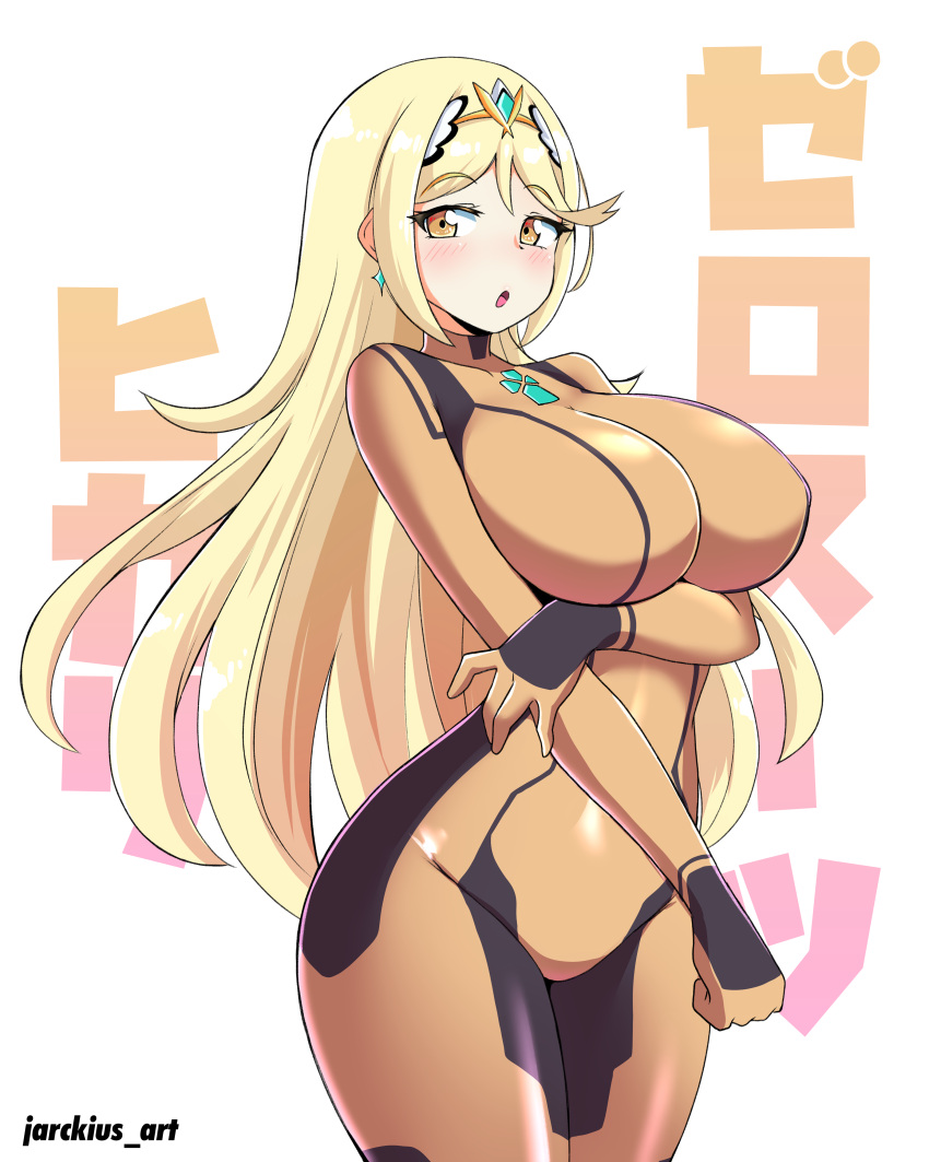 1girl absurdres bangs blonde_hair bodysuit breasts chest_jewel formal highres jarckius large_breasts long_hair metroid mythra_(xenoblade) solo suit swept_bangs very_long_hair xenoblade_chronicles_(series) xenoblade_chronicles_2 yellow_eyes zero_suit