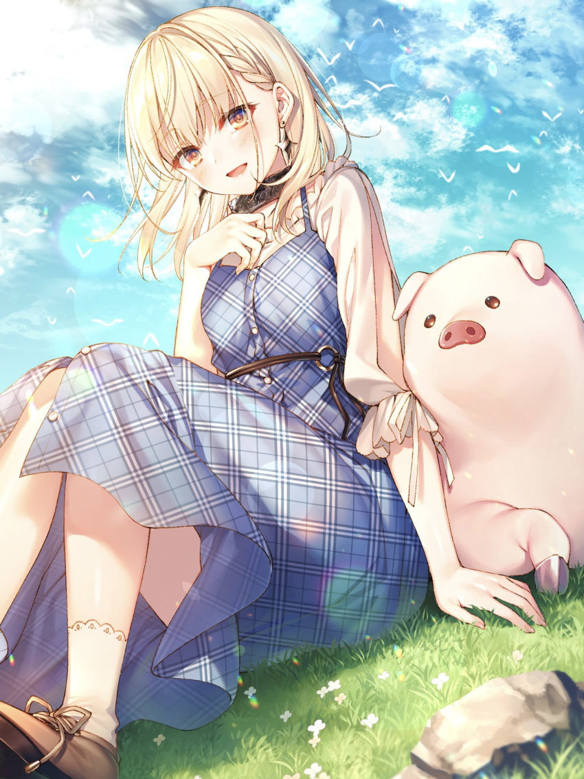 1girl :d bangs bird blonde_hair blue_dress blue_sky blush braid brown_footwear buta_no_liver_wa_kanetsu_shiro checkered_clothes checkered_dress cloud cloudy_sky cover_image day dress earrings flock hand_up highres jess_(buta_no_liver_wa_kanetsu_shiro) jewelry looking_at_viewer medium_hair novel_illustration official_art on_grass open_mouth outdoors pig plaid plaid_dress red_eyes second-party_source shirt shoes sitting sky smile socks solo textless_version toosaka_asagi unmoving_pattern white_legwear white_shirt