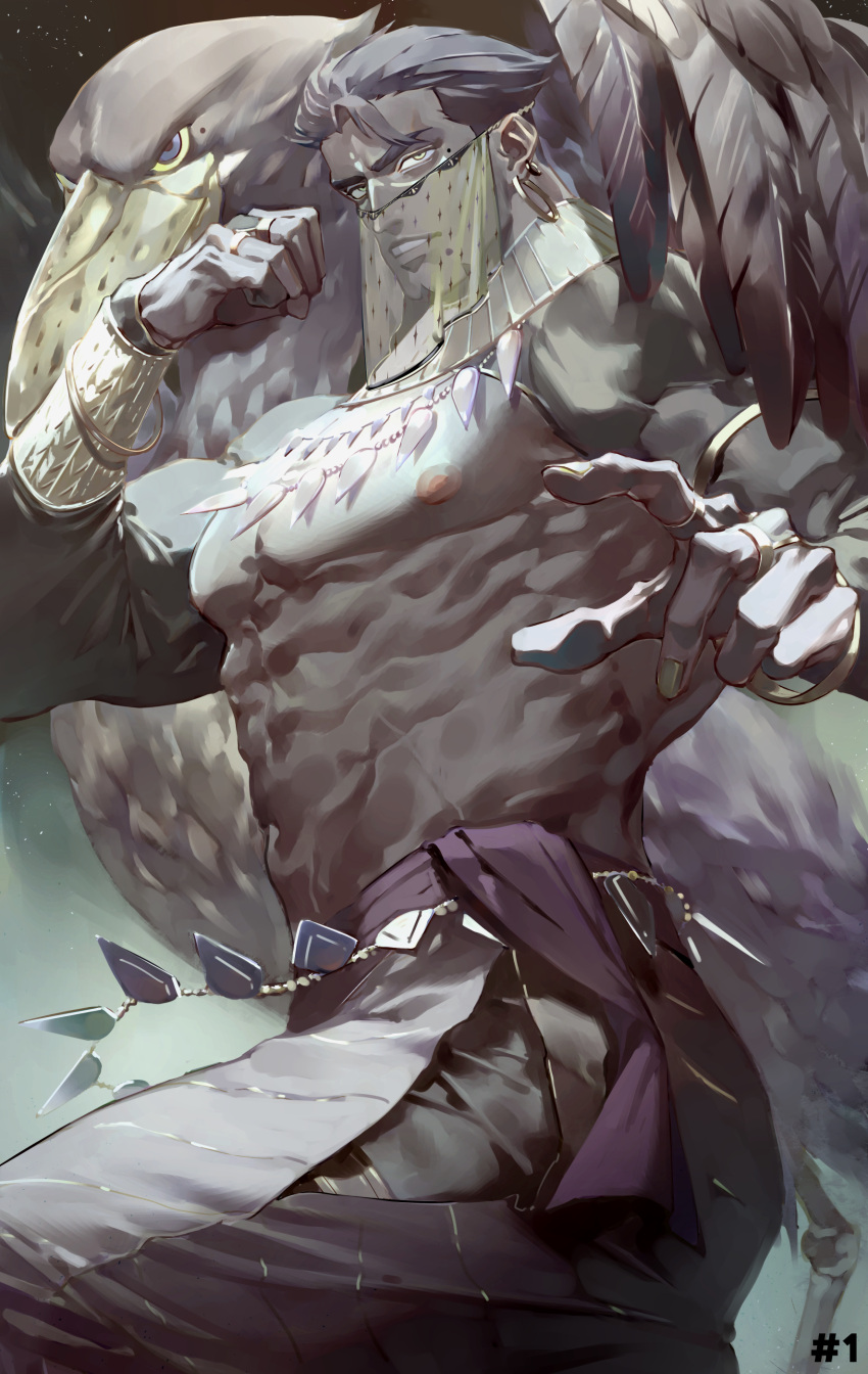 1boy abs absurdres bara bird commentary_request dark-skinned_male dark_skin highres jewelry large_pectorals looking_at_viewer male_focus mature_male muscular muscular_male nipples open_mouth original pectorals reisei_zero solo