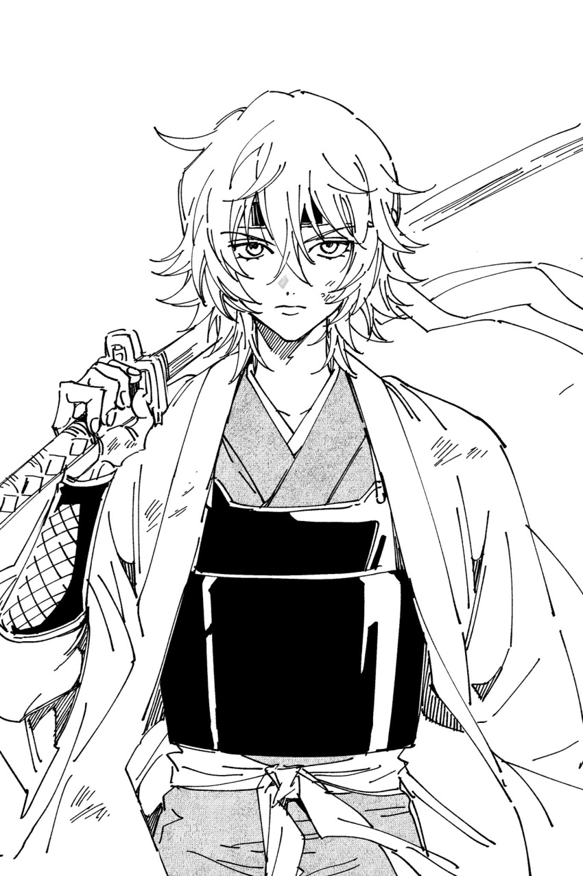 1girl expressionless genderswap genderswap_(mtf) gintama greyscale hachimaki headband highres holding holding_sword holding_weapon japanese_clothes monochrome pointing sakata_ginko short_hair smile solo sword weapon white_background younger ziyizhengjun