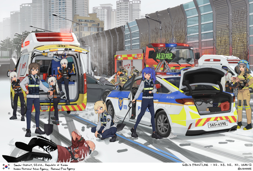1boy 6+girls absurdres ambulance bald black_footwear black_pants black_shirt blonde_hair blue_hair blue_pants brown_hair car car_trunk city cityscape clone commentary_request cuffs dongdong_(0206qwerty) fire_extinguisher fire_truck firefighter firefighter_jacket footprints gas_mask girls'_frontline grey_hair ground_vehicle handcuffs helmet highres holding holding_hose holding_shovel hose jacket k11_(girls'_frontline) k2_(girls'_frontline) k3_(girls'_frontline) k5_(girls'_frontline) lamppost license_plate long_hair long_sleeves mask motor_vehicle multiple_girls outdoors pants paramedic patch police police_car police_uniform policewoman seoul shirt shoes shovel snow south_korea south_korean_flag squatting tree truck uniform usas-12_(girls'_frontline) vest white_hair white_shirt winter wreckage
