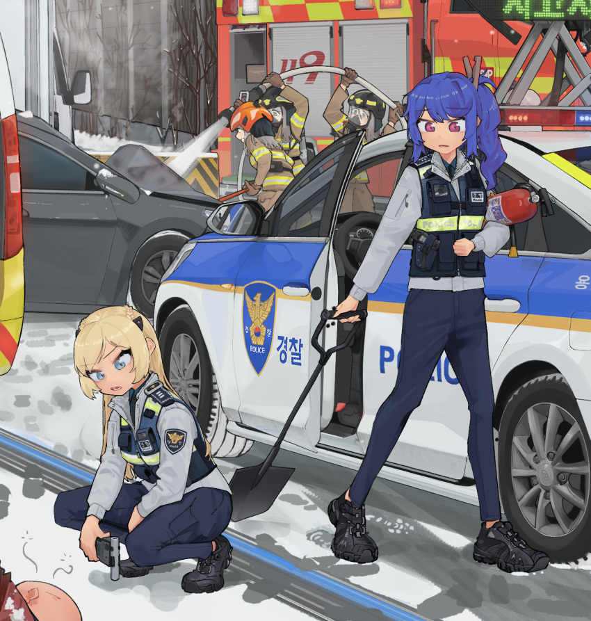 1boy 5girls bald blonde_hair blue_hair blue_pants car commentary_request dongdong_(0206qwerty) fire_extinguisher fire_truck firefighter firefighter_jacket footprints gas_mask girls'_frontline grey_hair ground_vehicle helmet highres holding holding_hose holding_shovel hose jacket k11_(girls'_frontline) k3_(girls'_frontline) k5_(girls'_frontline) long_sleeves mask motor_vehicle multiple_girls outdoors pants patch police_car shirt shoes shovel snow south_korea squatting truck vest white_shirt winter wreckage