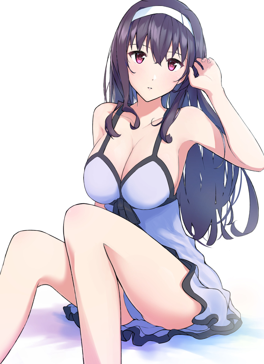 1girl absurdres bare_arms black_hair breasts cleavage collarbone dress feet_out_of_frame hairband hand_up highres kasumigaoka_utaha kikuwata knees_up large_breasts legs long_hair looking_at_viewer nightgown parted_lips purple_eyes saenai_heroine_no_sodatekata short_dress sidelocks sitting solo thighs wavy_hair white_hairband