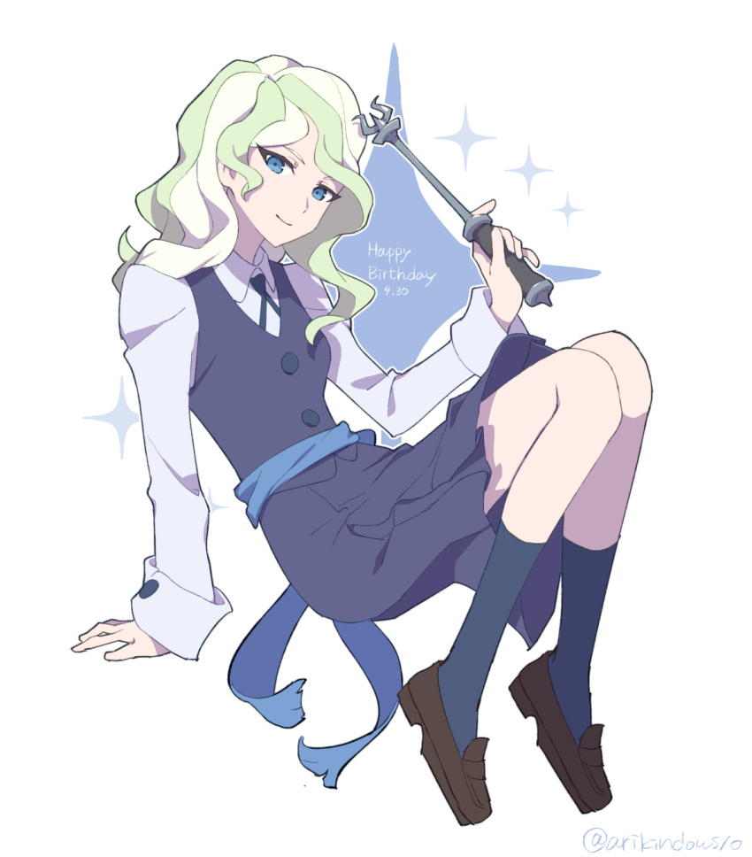 1girl arikindows10 arm_support blonde_hair blue_eyes blue_legwear brown_footwear closed_mouth commentary dated diana_cavendish dress hand_up happy_birthday highres holding holding_wand invisible_chair kneehighs leaning_back light_smile little_witch_academia long_hair looking_at_viewer luna_nova_school_uniform multicolored_hair pinafore_dress sash school_uniform shoes sitting socks solo sparkle sparkle_background streaked_hair wand wavy_hair white_background wing_collar