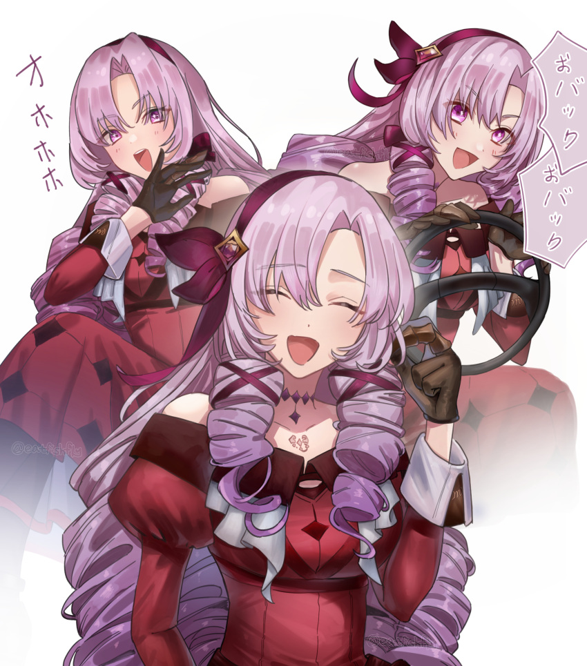 1girl bangs black_gloves blush breasts chest_tattoo claw_ring commentary_request dress drill_hair eatfishfly eyebrows_visible_through_hair feet_out_of_frame gloves hair_ornament headband highres holding hyakumantenbara_salome laughing leaning_forward light_purple_eyes light_purple_hair long_hair looking_at_viewer medium_breasts multiple_views nijisanji off-shoulder_dress off_shoulder ojou-sama_pose open_mouth parted_bangs purple_headwear red_dress scratching_cheek simple_background sleeveless sleeveless_dress smile steering_wheel tattoo teeth tongue translation_request twitter_username upper_body upper_teeth white_background x_hair_ornament