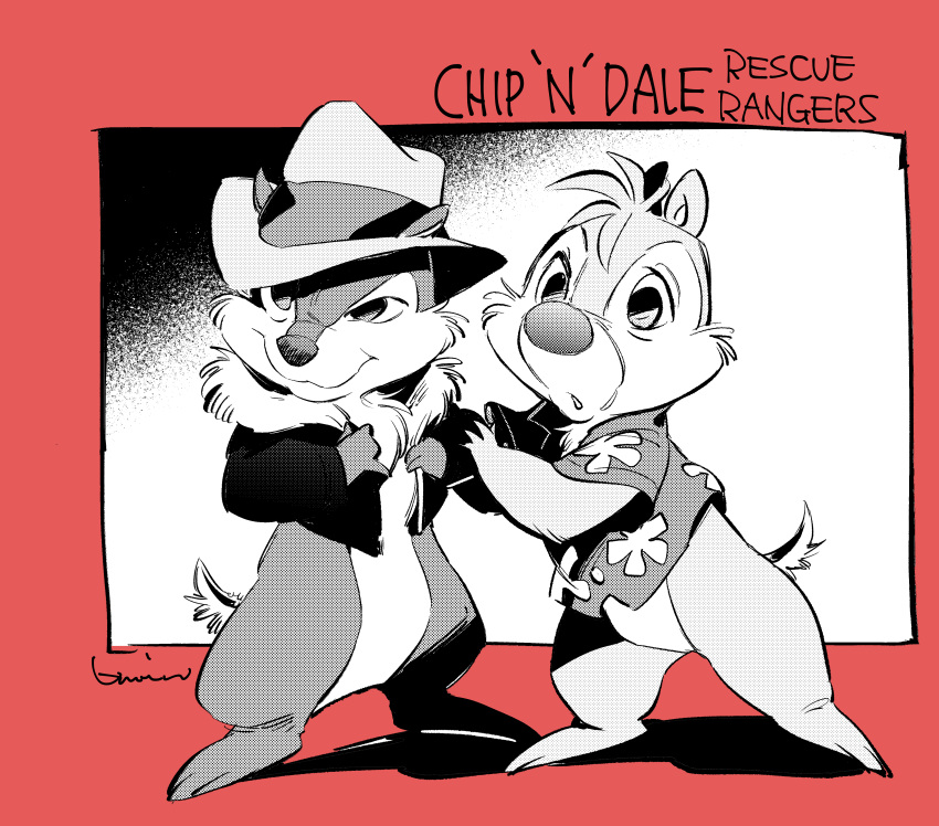 2022 4_fingers absurd_res aloha_shirt anthro arm_grab biped chidentsu chip_'n_dale_rescue_rangers chip_(disney) chipmunk clothed clothing dale_(disney) determined disney duo english_text fedora fingers fur ground_squirrel halftone hat headgear headwear hi_res jacket male mammal open_clothing open_jacket open_topwear pattern_clothing pattern_shirt pattern_topwear red_background restricted_palette rodent sciurid shirt simple_background text topwear white_background