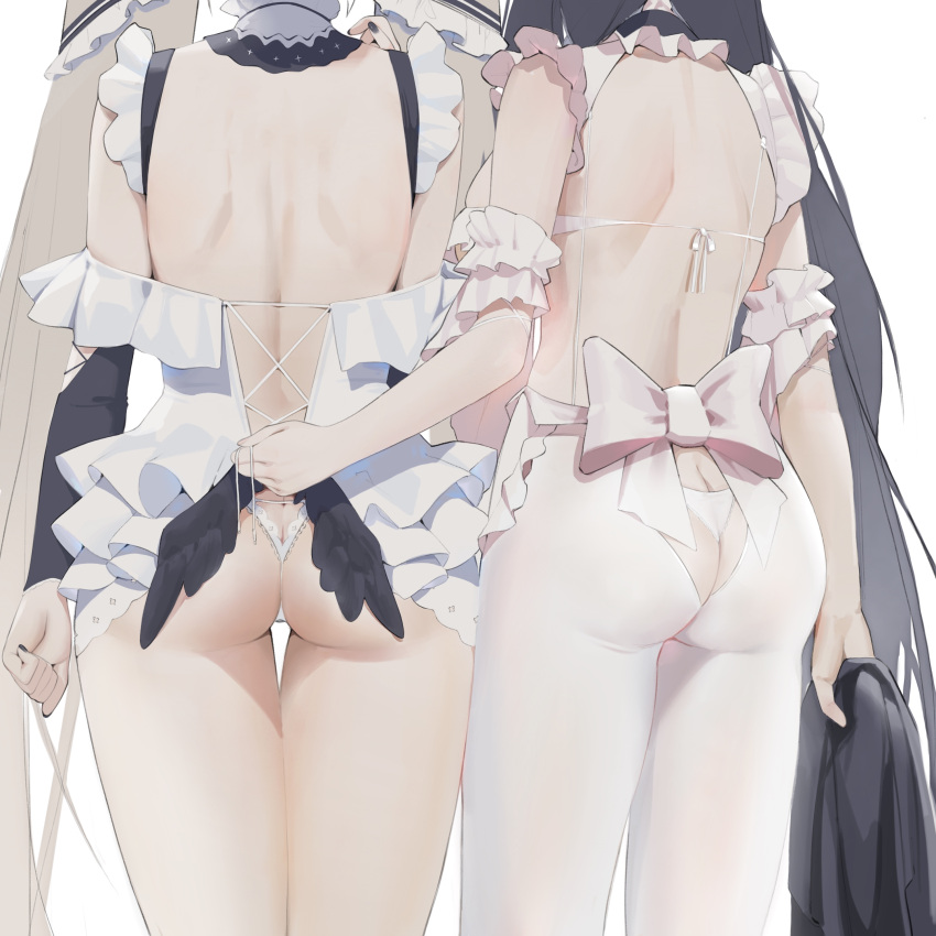 2girls absurdres annlee ass_cutout azur_lane back back_cutout bare_back black_hair blonde_hair bow butt_crack choker clenched_hand clothes_lift clothing_cutout cowboy_shot detached_sleeves dress formidable_(azur_lane) frilled_babydoll frilled_choker frilled_sleeves frills hand_on_another's_back head_out_of_frame highres holding indomitable_(azur_lane) lace lace_panties lifted_by_another long_hair maid multiple_girls off-shoulder_dress off_shoulder panties pantyhose revealing_clothes simple_background thigh_gap thighs twintails underwear white_background white_panties