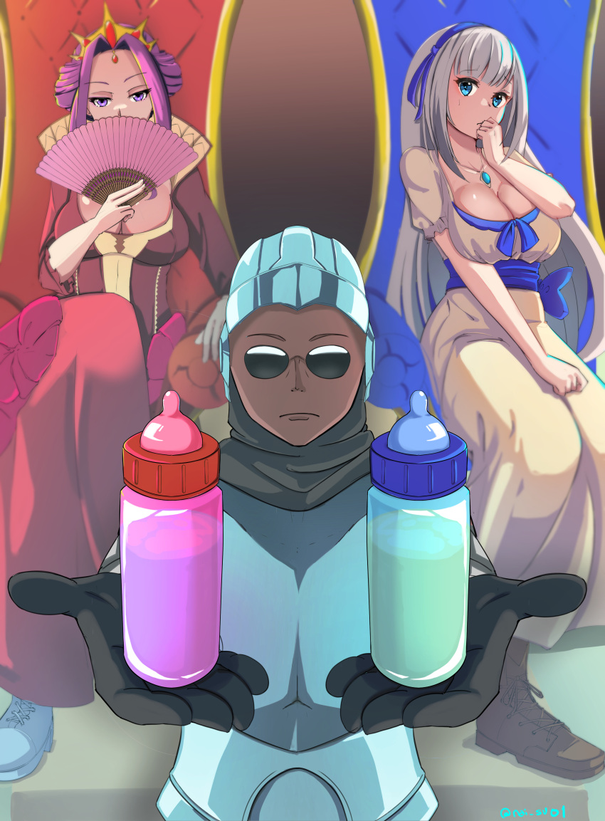 1boy 2girls absurdres armor blue_eyes breasts character_request crossover crown grey_hair hand_fan highres holding holding_fan jewelry large_breasts long_hair looking_at_viewer mirelia_q_melromarc multiple_girls mylene_rafa_holfort naisu_(nai_su01) otome_gee_sekai_wa_mob_ni_kibishii_sekai_desu purple_eyes purple_hair ribbon sunglasses tate_no_yuusha_no_nariagari