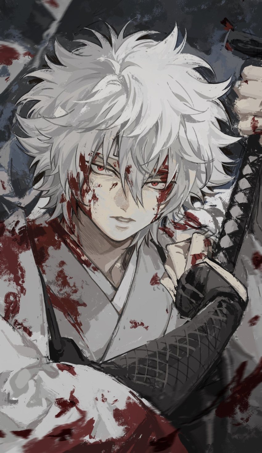 1boy armor blood blood_on_face fighting gintama highres holding holding_sword holding_weapon japanese_clothes male_focus red_eyes sakata_gintoki solo sword weapon white_hair ziyizhengjun