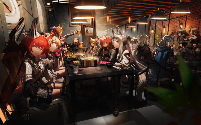 2boys 6+girls :d absurdres alcohol animal_ears arknights armor ashlock_(arknights) aunt_and_niece beer_mug bena_(arknights) black_footwear black_gloves black_ribbon black_robe black_shirt black_skirt blemishine_(arknights) blonde_hair blue_eyes blue_jacket blue_nails blue_shirt booth_seating boots bowl breastplate brick_wall brown_eyes brown_hair cape ceiling_light closed_eyes coat crossed_legs cup curled_horns demon_horns drinking ear_covers ear_tag everyone extra_ears facing_away flametail_(arknights) flower food frying_pan gaanc_23_(tomosuge) gauntlets glass gloves gravel_(arknights) gravel_(modeling_night)_(arknights) hair_between_eyes hair_ornament hairclip hand_up hanging_light hat heart heart_in_mouth highres holding holding_cup holding_saucer holding_utensil hood hood_down hooded_robe horn_ornament horn_ribbon horns horns_through_headwear horse_ears horse_girl horse_tail hotpot indoors jacket knee_pads light_bulb long_hair looking_at_viewer midriff mlynar_(arknights) mouse_ears mug multiple_boys multiple_girls nearl_(arknights) nearl_the_radiant_knight_(arknights) official_alternate_costume open_mouth own_hands_together partially_fingerless_gloves pauldrons pink_gloves pink_hair plant platinum_(arknights) pleated_skirt pointy_ears ponytail potted_plant purple_cape record red_flower red_hair restaurant ribbon roy_(arknights) saucer shining_(arknights) shirt short_hair short_hair_with_long_locks short_sleeves shoulder_armor siblings sideways_glance sideways_mouth sisters sitting skirt smile squirrel_ears squirrel_girl squirrel_tail sweatdrop t-shirt table tail teeth thigh_boots thigh_strap two-tone_gloves uncle_and_niece upper_teeth utensil_in_mouth v whislash_(arknights) whislash_(glory_purple)_(arknights) white_coat white_headwear white_shirt wild_mane_(arknights) window yellow_eyes