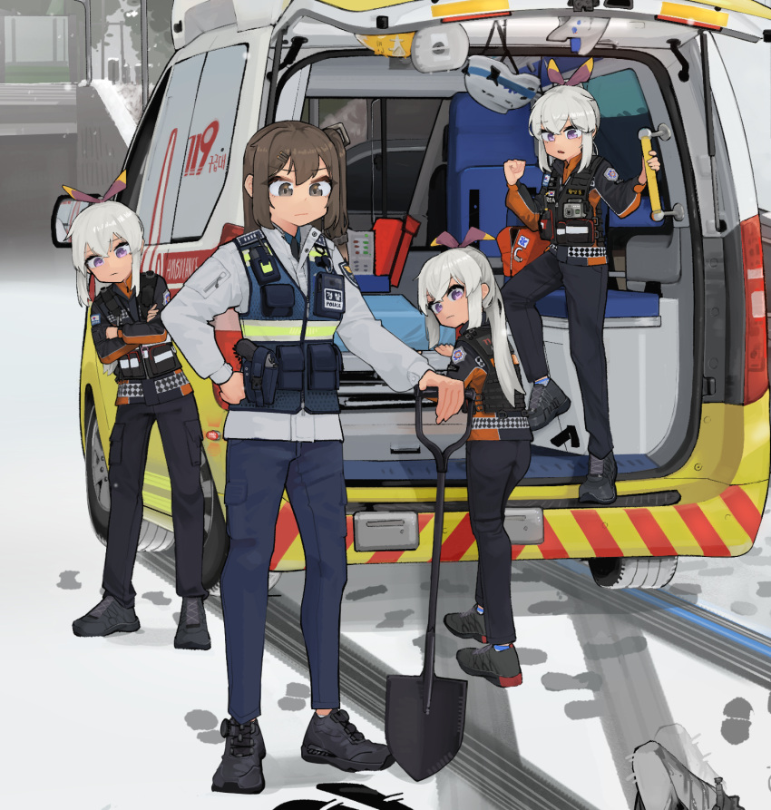 4girls ambulance black_footwear black_pants black_shirt blue_pants brown_hair commentary_request dongdong_(0206qwerty) footprints girls'_frontline ground_vehicle highres holding holding_shovel k2_(girls'_frontline) long_hair long_sleeves motor_vehicle multiple_girls outdoors pants paramedic patch police police_uniform policewoman shirt shoes shovel snow south_korea south_korean_flag uniform usas-12_(girls'_frontline) white_hair white_shirt winter