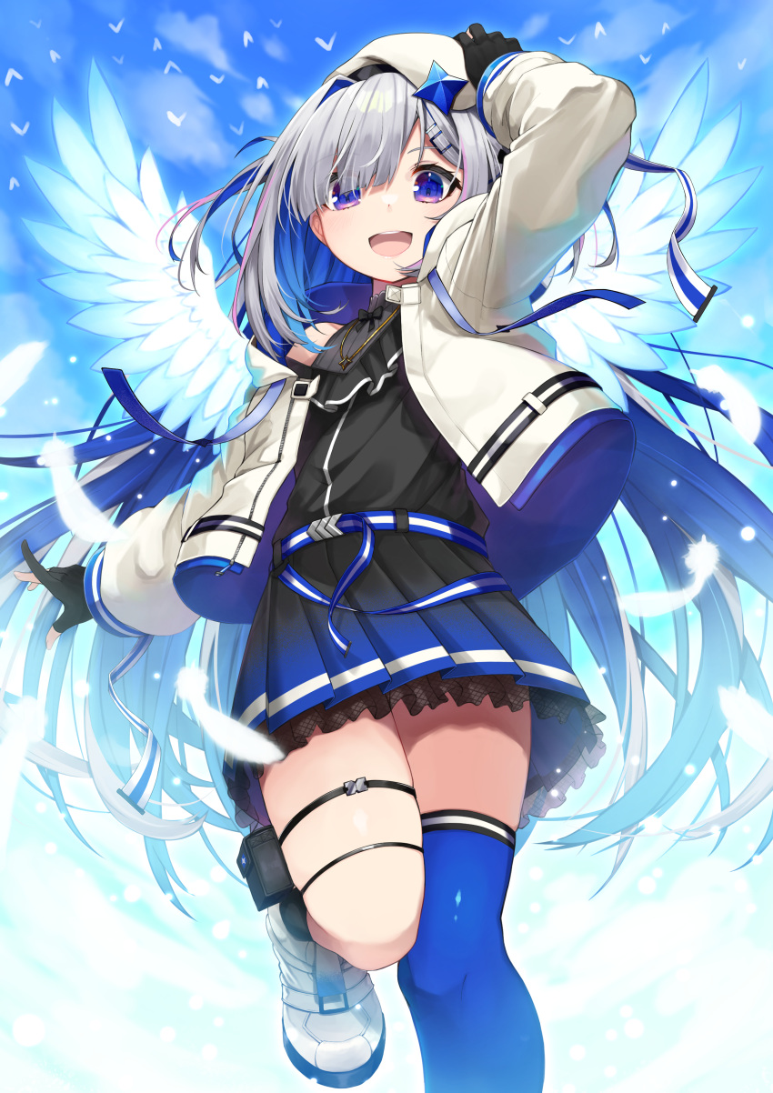 1girl :d absurdres amane_kanata angel_wings arm_up bangs black_gloves black_shirt blue_eyes blue_hair blue_legwear colored_inner_hair eyebrows_visible_through_hair eyes_visible_through_hair feathers gloves gradient_skirt grey_hair hat highres hololive hototogisu_(hot_to_gis) jacket long_hair long_sleeves looking_at_viewer multicolored_hair open_clothes open_jacket partially_fingerless_gloves pink_hair pleated_skirt shirt shoes single_thighhigh skirt smile solo standing standing_on_one_leg streaked_hair thigh_strap thighhighs virtual_youtuber white_footwear white_headwear white_jacket wings