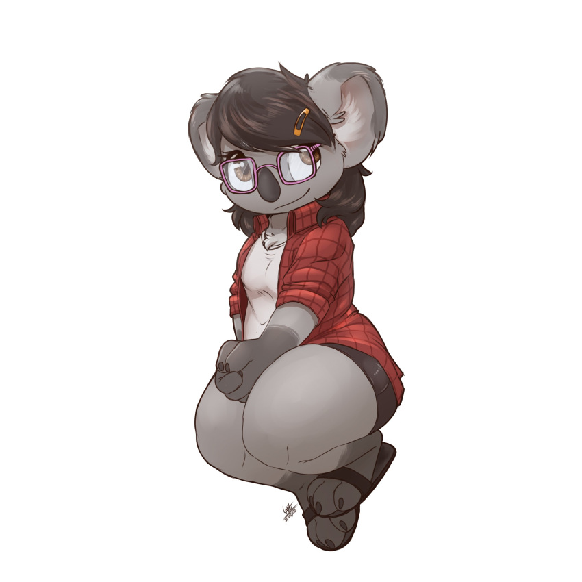 2022 absurd_res anthro clothed clothing digital_media_(artwork) female fully_clothed fur grey_body grey_fur hi_res inner_ear_fluff koala louart mammal marsupial signature smile solo tuft vombatiform