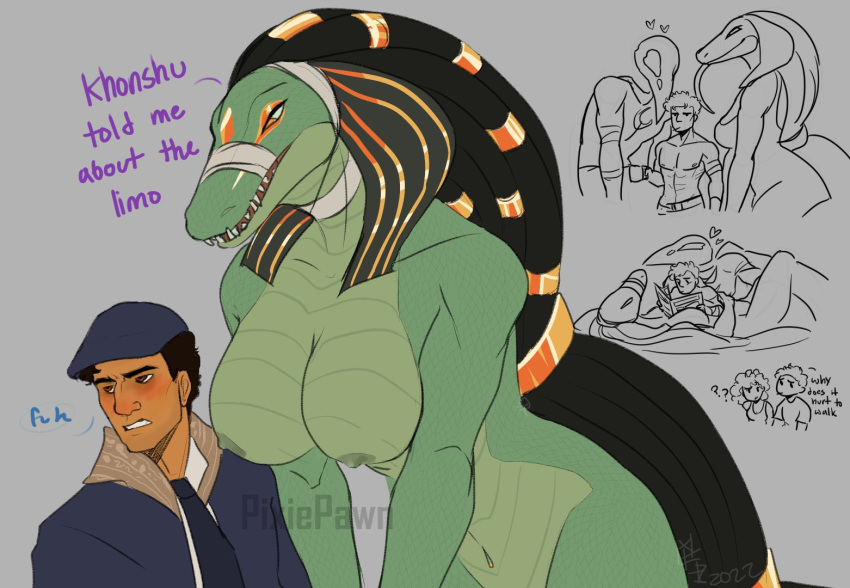 &lt;3 ammit_(moon_knight) areola bandage bed black_hair clothing crocodile crocodilian crocodylid cuddling deity dreadlocks egyptian_headdress female furniture group hair khonshu male male/female moon_knight nipples pixiepawn reptile scalie tongue tongue_out trio