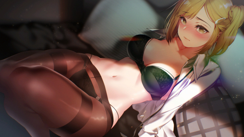 1girl bang-yena_(some_some_convenience_store) bangs black_bra black_panties blonde_hair blush bra breasts brown_legwear cleavage closed_mouth collarbone collared_shirt embarrassed eyebrows_visible_through_hair game_cg hair_ornament hairclip highres indoors lips long_sleeves looking_at_viewer medium_breasts medium_hair navel open_clothes open_shirt panties pantyhose pillow room shirt short_ponytail side_ponytail sitting solo some_some_convenience_store stomach talesshop underwear white_shirt yellow_eyes