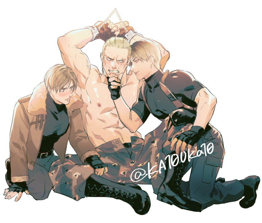 3boys abs bara belt black_belt black_gloves black_pants black_shirt blonde_hair blush boots bound bound_wrists brown_hair brown_jacket clenched_teeth closed_mouth cuffs dual_persona fingerless_gloves gloves hand_on_another's_chin handcuffs highres jack_krauser jacket katou_teppei large_pectorals leather leather_jacket leon_s._kennedy looking_at_another male_focus multiple_boys muscular muscular_male nipples open_clothes open_jacket open_pants pants pectorals resident_evil resident_evil_4 restrained scar scar_across_eye scar_on_face scar_on_mouth shirt short_hair simple_background smile teeth topless_male twitter_username white_background yaoi