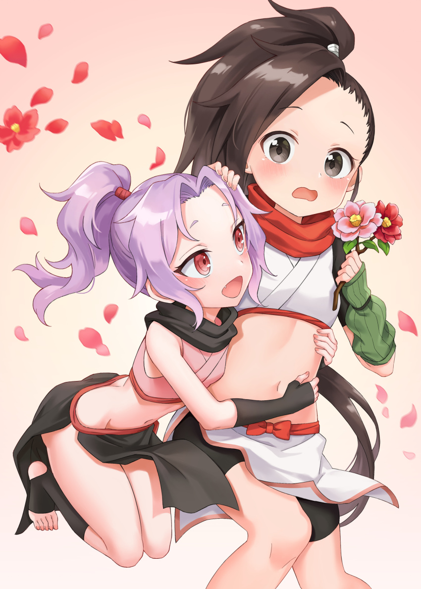 2girls :d absurdres bangs bare_shoulders bike_shorts black_eyes black_gloves black_hair black_legwear black_shorts black_skirt crop_top fang fingerless_gloves flower gloves highres holding hug hug_from_behind kunoichi_tsubaki_no_mune_no_uchi long_hair looking_at_viewer midriff multiple_girls navel open_mouth parted_bangs pelvic_curtain petals pink_shirt ponytail purple_hair red_eyes sazanka_(kunoichi_tsubaki_no_mune_no_uchi) scarf shirt shorts shorts_under_skirt skirt sleeveless sleeveless_shirt smile thighs toeless_legwear tsubaki_(kunoichi_tsubaki_no_mune_no_uchi) white_shirt white_skirt xuan_chu