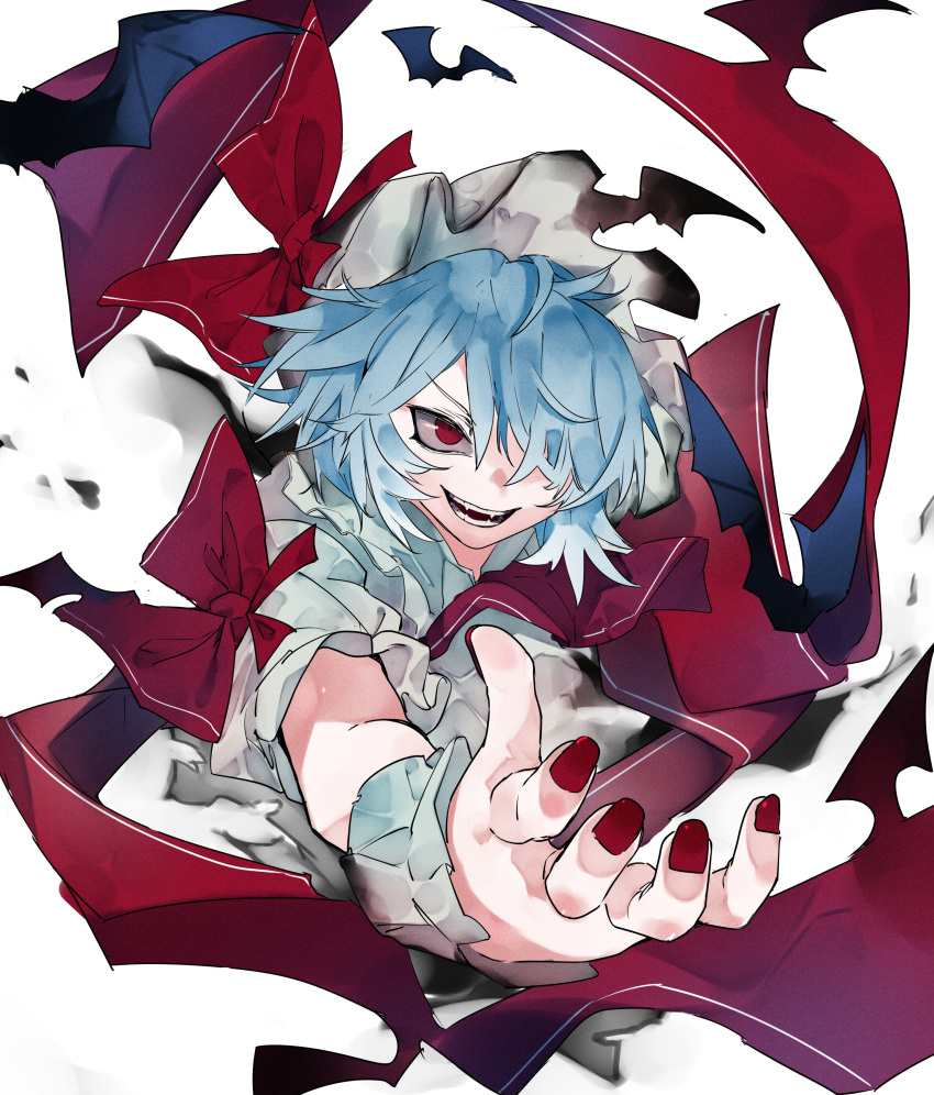 1girl absurdres ascot bat bat_wings blue_hair bow dress fangs fingernails foreshortening hair_over_one_eye hat hat_ribbon highres ikurauni mob_cap nail_polish open_mouth perspective red_bow red_eyes red_nails red_ribbon remilia_scarlet ribbon sash sharp_fingernails short_hair short_sleeves solo touhou wings wrist_cuffs