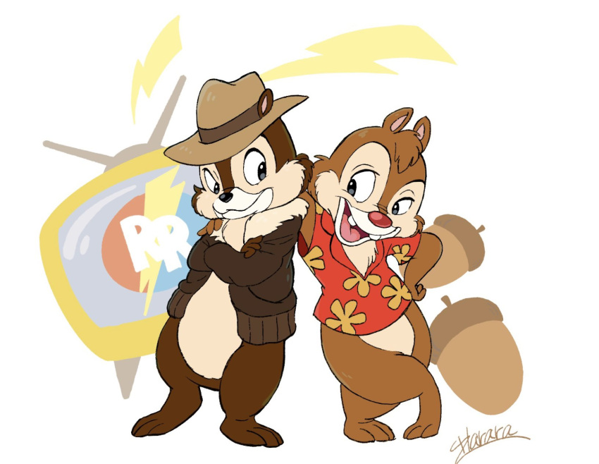 2022 3_toes acorn aloha_shirt anthro biped black_nose bottomless brown_body brown_fur buckteeth chip_'n_dale_rescue_rangers chip_(disney) chipmunk clothed clothing crossed_arms dale_(disney) digital_drawing_(artwork) digital_media_(artwork) disney duo eye_contact featureless_crotch fedora feet flat_colors food fruit fur ground_squirrel hand_on_hip harara hat head_tuft headgear headwear hi_res jacket lightning_bolt looking_aside looking_at_another male mammal nut_(fruit) open_clothing open_jacket open_mouth open_smile open_topwear pattern_clothing pattern_shirt pattern_topwear plant red_nose rodent sciurid shirt signature smile tan_body tan_fur teeth television toes topwear tuft