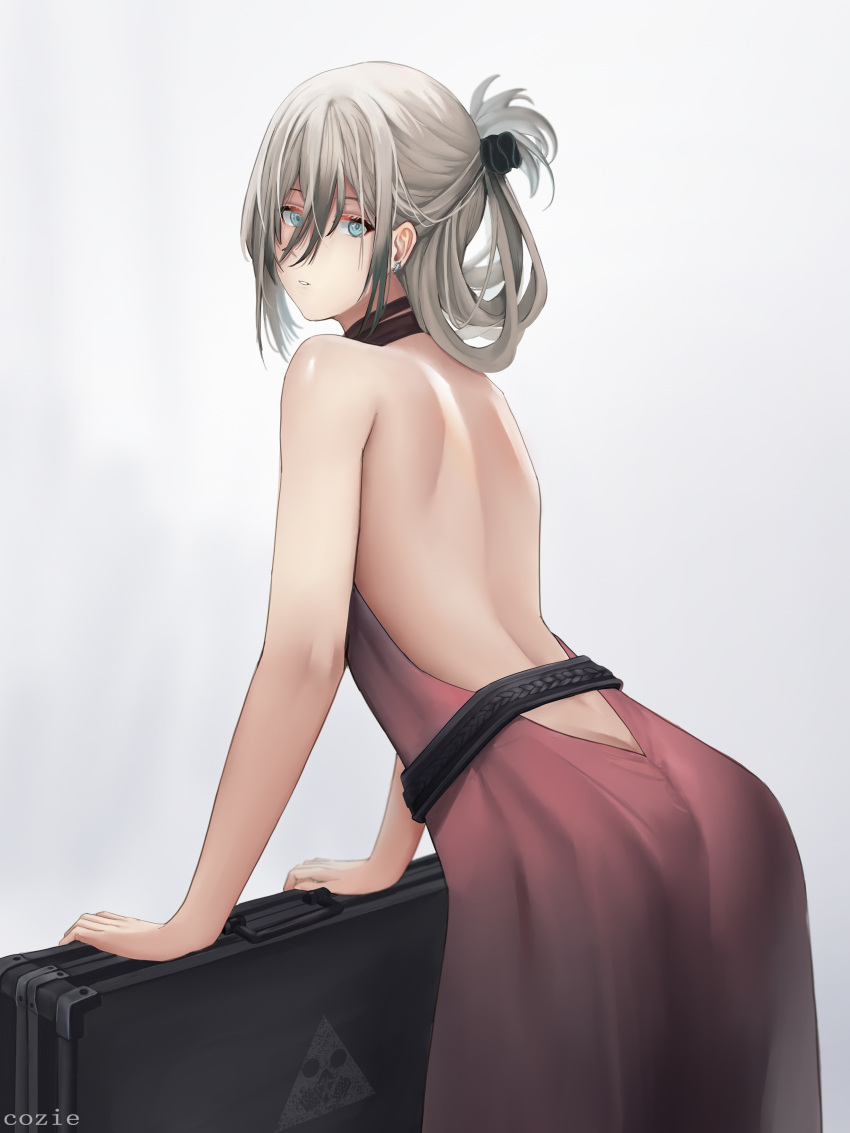 1girl absurdres an-94_(girls'_frontline) an-94_(silent_rouge)_(girls'_frontline) aqua_eyes artist_name back bangs bare_back bare_shoulders black_dress closed_mouth cozie178 defy_(girls'_frontline) dress eyebrows_visible_through_hair feet_out_of_frame from_side girls'_frontline grey_hair hair_between_eyes hair_ornament highres leaning_on_object long_hair looking_at_viewer official_alternate_costume solo standing weapon_case white_background