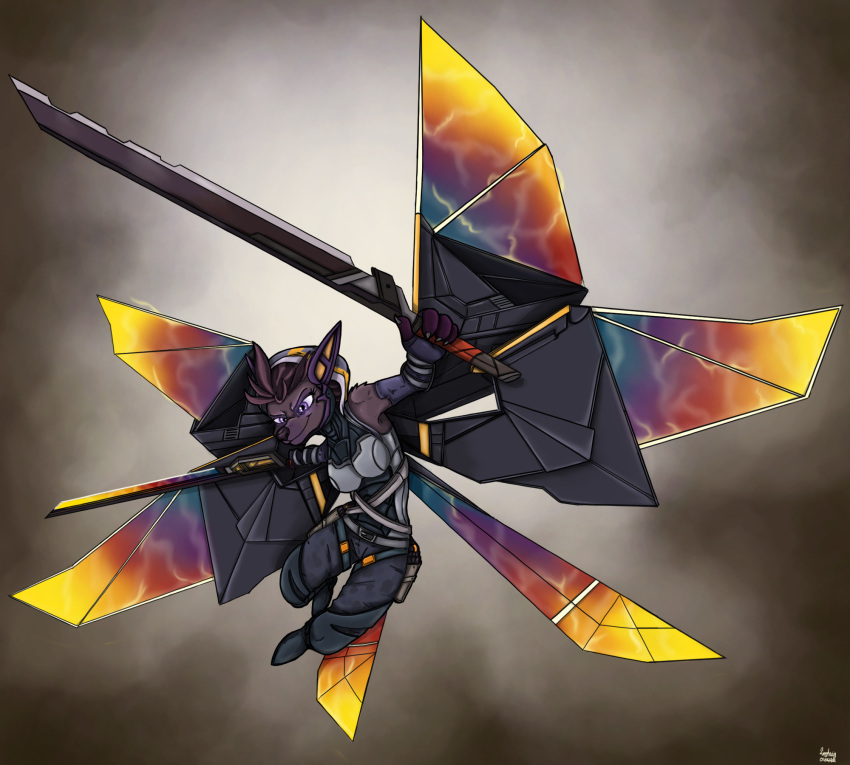 anthro black_body black_fur black_hair cybernetics disney female flying fur hair hi_res hyaenid jasiri_(tlg) machine mammal melee_weapon purple_eyes purple_hair solo sword the_lion_guard the_lion_king weapon wings ziegelzeig