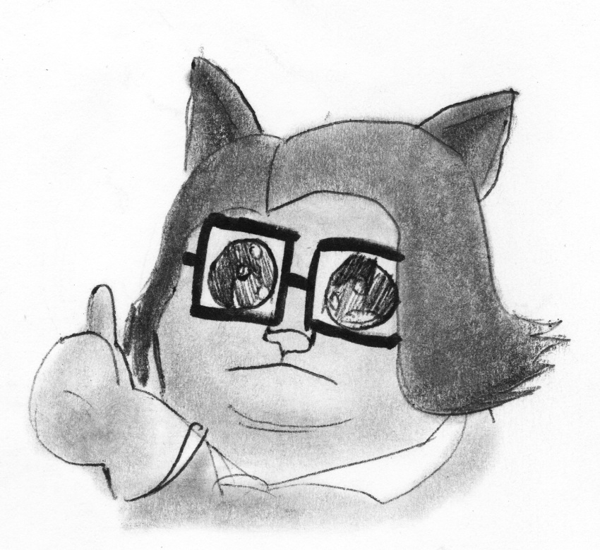 anthro big_eyes black_hair cat_nose domestic_cat efradraws efrasona eyewear felid feline felis feral glasses graphite_(artwork) hair hi_res long_hair male mammal meme monochrome pen_(artwork) pencil_(artwork) sad simple_background solo traditional_media_(artwork)