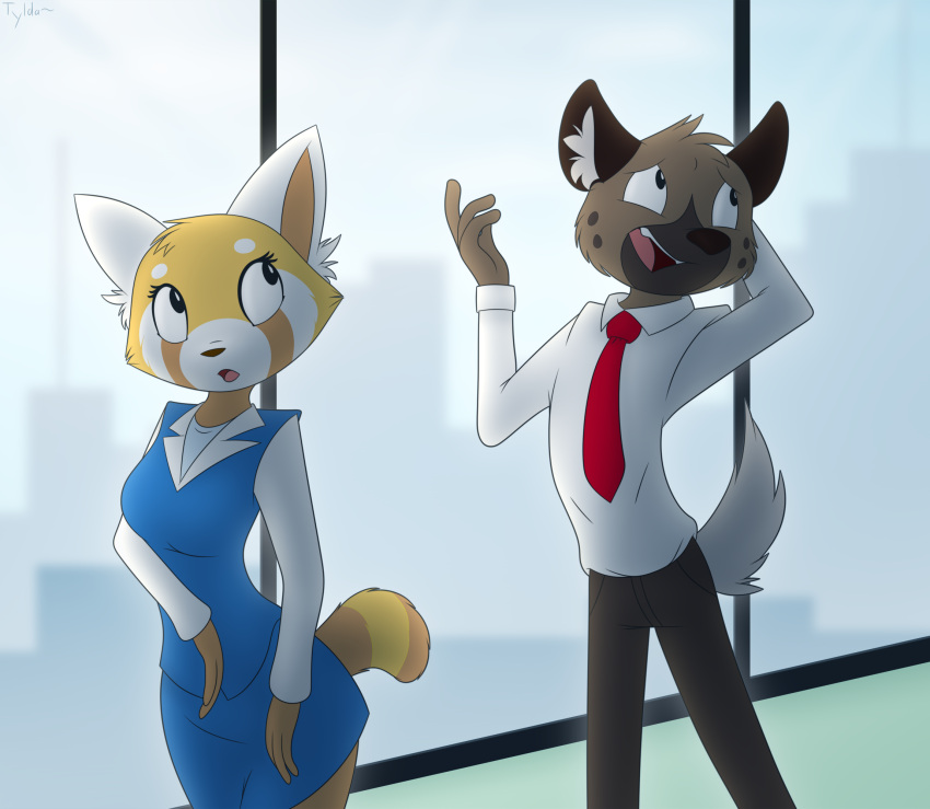 aggressive_retsuko ailurid anthro duo female funktilda haida hand_behind_head hi_res hyaenid male mammal necktie office office_lady red_panda retsuko sanrio walking window