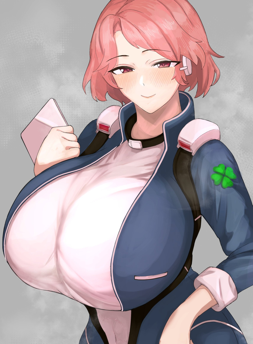 1girl bangs blush bodysuit breasts closed_mouth clover clover_print collar eyebrows_visible_through_hair fortune_(last_origin) four-leaf_clover highres huge_breasts last_origin looking_at_viewer mechanical_arms papipukepo parted_bangs red_eyes red_hair single_mechanical_arm smile