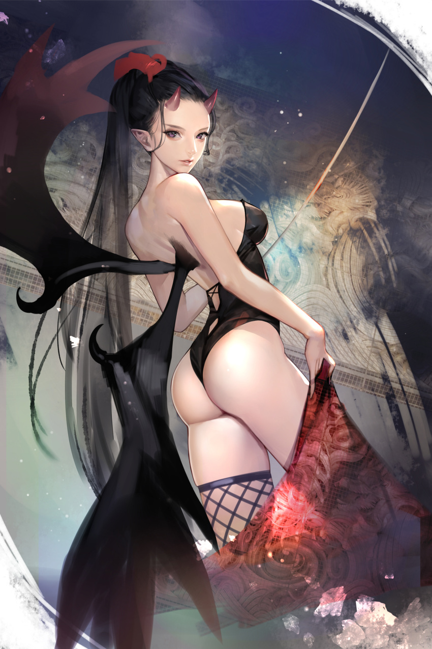 1girl absurdres ass backless_leotard backless_outfit bare_shoulders bat_wings black_hair breasts demon_girl fishnet_legwear fishnets forehead from_behind highres hitowa holding horns leotard long_hair looking_at_viewer looking_back medium_breasts oni_horns original parted_lips photoshop_(medium) pointy_ears ponytail purple_eyes revision skin_tight smile solo thighhighs very_long_hair wings