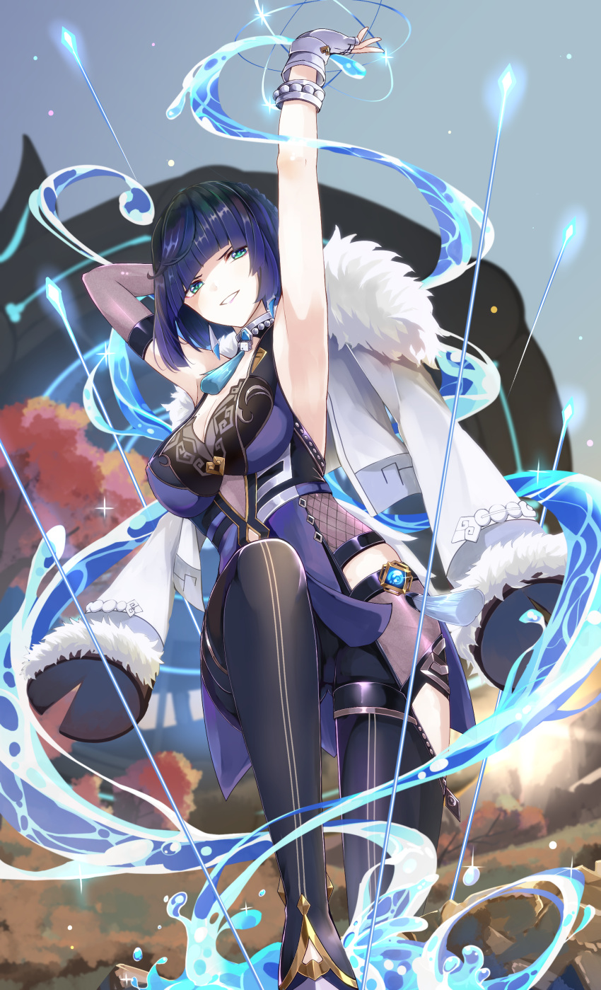 1girl absurdres armpits asymmetrical_gloves bangs bare_shoulders black_legwear blue_dress blue_eyes blue_hair blush braid breasts brown_gloves cleavage commentary_request diagonal_bangs dress ekusera elbow_gloves feather-trimmed_jacket fingerless_gloves fur-trimmed_sleeves fur_trim genshin_impact gloves highres hydrokinesis jacket jacket_on_shoulders long_sleeves looking_at_viewer medium_breasts parted_lips single_elbow_glove smile solo standing thighhighs v-shaped_eyebrows water white_gloves white_jacket yelan_(genshin_impact)