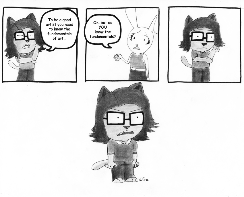 absurd_res angry anthro cat_nose cat_tail dialogue domestic_cat duo efradraws efrasona english_text eyewear felid feline felis female glasses graphite_(artwork) hair hi_res lagomorph leporid long_hair male male/female mammal marker_(artwork) pen_(artwork) pencil_(artwork) rabbit rabbit_ears signature speech_bubble text traditional_media_(artwork)